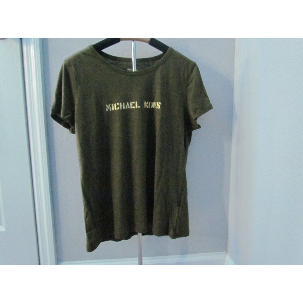 Michael Kors T-Shirt Large Olive Green Gold Logo Graphic Short Sleeve Tee